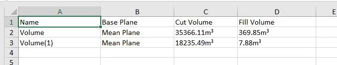 Kalau udah selesai, kamu bisa Save hasil pengukurannya. Semua anotasi bisa diekspor dalam bentuk file Excel (.xlsx) berisi: nama anotasi, jenis base plane, dan nilai Cut & Fill.
